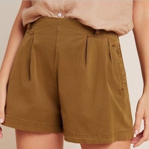 Anthropologie Kelyn Pleated High Waisted Chino Shorts Olive Green - Picture 1 of 9